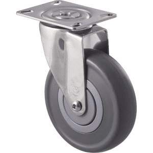M Series castor, stainless steel, 125mm energy absorbent grey rubber wheel (low-profile tyre), precision bearing, swivel plate, 150 kg load