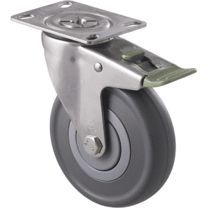 M Series castor, stainless steel, 125mm energy absorbent grey rubber wheel (low-profile tyre), precision bearing, swivel plate (hex bolt axle), 150 kg load