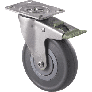 M Series castor, stainless steel, 125mm energy absorbent grey rubber wheel (low-profile tyre), precision bearing, swivel plate, 150 kg load