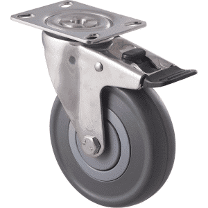 M Series castor, stainless steel, 125mm energy absorbent grey rubber wheel (low-profile tyre), precision bearing, swivel plate, total brake, (hex boltaxle), 150 kg load