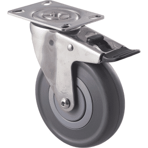M Series castor, stainless steel, 125mm energy absorbent grey rubber wheel (low-profile tyre), precision bearing, swivel plate & total brake, 150 kg load