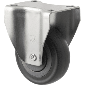 M Series castor, 100mm energy absorbent grey rubber wheel (low-profile tyre), precision bearing, thread guard, fixed plate, Chicago screw axle, load rating 140 kg