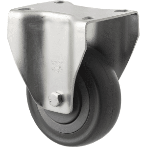 M Series castor, 100mm energy absorbent grey rubber wheel (low-profile tyre), precision bearing, thread guard, fixed North American (NA) plate, load rating 140 kg