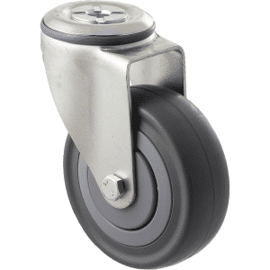 M Series castor, 100mm energy absorbent grey rubber wheel (low-profile tyre), precision bearing, thread guard, swivel bolt hole, load rating 140 kg