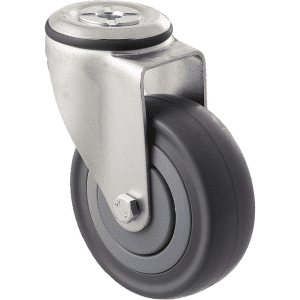 M Series castor, 100mm energy absorbent grey rubber wheel (low-profile tyre), precision bearing, thread guard, swivel bolt hole black seal & pedal, load rating 140 kg