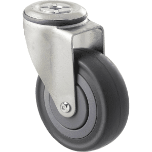 M Series castor, 100mm energy absorbent grey rubber wheel (low-profile tyre), precision bearing, thread guard, swivel bolt hole, Chicago screw axle, load rating 140 kg