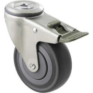 M Series castor, 100mm energy absorbent grey rubber wheel (low-profile tyre), precision bearing, thread guard, swivel bolt hole, direction lock, Chicago screw axle, load rating 140 kg