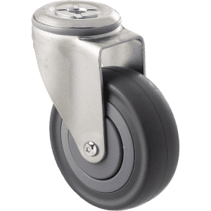 M Series castor, 100mm energy absorbent grey rubber wheel (low-profile tyre), precision bearing, thread guard, swivel bolt hole grey seal & pedal, Chicago screw axle, load rating 140 kg