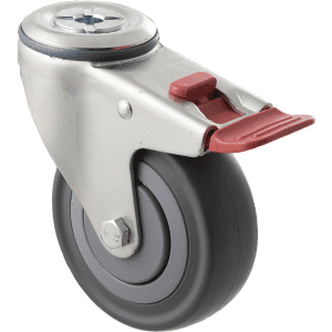 M Series castor, 100mm energy absorbent grey rubber wheel (low-profile tyre), precision bearing, thread guard, swivel bolt hole, total brake, load rating 140 kg