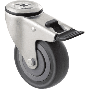 M Series castor, 100mm energy absorbent grey rubber wheel (low-profile tyre), precision bearing, thread guard, swivel bolt hole, total brake, black seal & pedal, load rating 140 kg