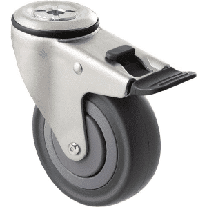 M Series castor, 100mm energy absorbent grey rubber wheel (low-profile tyre), precision bearing, thread guard, swivel bolt hole, total brake, black seal & pedal, Chicago screw axle, load rating 140 kg