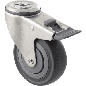 M Series castor, 100mm energy absorbent grey rubber wheel (low-profile tyre), precision bearing, thread guard, swivel bolt hole, total brake, grey seal & pedal, Chicago screw axle, load rating 140 kg