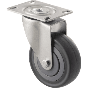 M Series castor, 100mm energy absorbent grey rubber wheel (low-profile tyre), precision bearing, thread guard, swivel plate, black seal & pedal, load rating 140 kg
