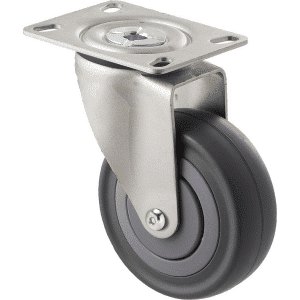 M Series castor, 100mm energy absorbent grey rubber wheel (low-profile tyre), precision bearing, thread guard, swivel plate, black seal & pedal, Chicago screw axle, load rating 140 kg