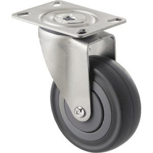 M Series castor, 100mm energy absorbent grey rubber wheel (low-profile tyre), precision bearing, thread guard, swivel plate, Chicago screw axle, load rating 140 kg