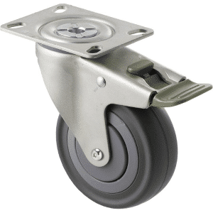 M Series castor, 100mm energy absorbent grey rubber wheel (low-profile tyre), precision bearing, thread guard, swivel plate, direction lock, Chicago screw axle, load rating 140 kg
