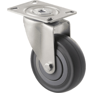 M Series castor, 100mm energy absorbent grey rubber wheel (low-profile tyre), precision bearing, thread guard, swivel plate, grey seal & pedal, load rating 140 kg