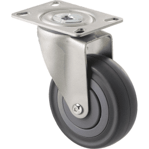 M Series castor, 100mm energy absorbent grey rubber wheel (low-profile tyre), precision bearing, thread guard, swivel plate, grey seal & pedal, Chicago screw axle, load rating 140 kg