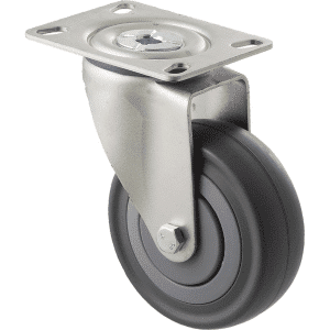 M Series castor, 100mm energy absorbent grey rubber wheel (low-profile tyre), precision bearing, thread guard, swivel North American (NA) plate, load rating 140 kg