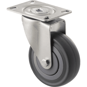 M Series castor, 100mm energy absorbent grey rubber wheel (low-profile tyre), precision bearing, thread guard, swivel North American (NA) plate, black seal & pedal, load rating 140 kg