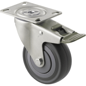 M Series castor, 100mm energy absorbent grey rubber wheel (low-profile tyre), precision bearing, thread guard, swivel North American (NA) plate, direction lock, load rating 140 kg