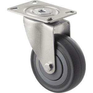 M Series castor, 100mm energy absorbent grey rubber wheel (low-profile tyre), precision bearing, thread guard, swivel North American (NA) plate, grey seal & pedal, load rating 140 kg