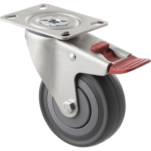 M Series castor, 100mm energy absorbent grey rubber wheel (low-profile tyre), precision bearing, thread guard, swivel North American (NA) plate, total brake, load rating 140 kg