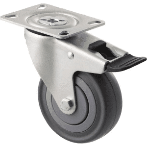 M Series castor, 100mm energy absorbent grey rubber wheel (low-profile tyre), precision bearing, thread guard, swivel North American (NA) plate, total brake, black seal & pedal, load rating 140 kg