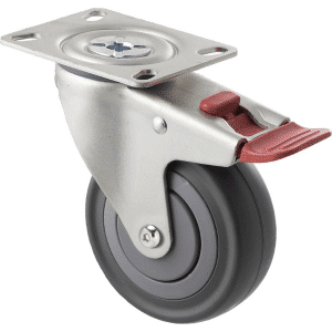 M Series castor, 100mm energy absorbent grey rubber wheel (low-profile tyre), precision bearing, thread guard, swivel North American (NA) plate, total brake, Chicago screw axle, load rating 140 kg