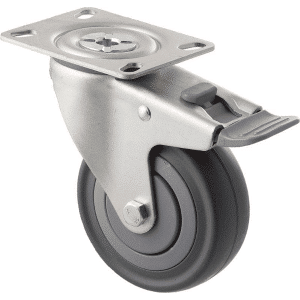 M Series castor, 100mm energy absorbent grey rubber wheel (low-profile tyre), precision bearing, thread guard, swivel North American (NA) plate, total brake, grey seal & pedal, load rating 140 kg