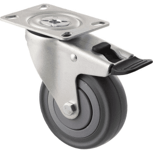 M Series castor, 100mm energy absorbent grey rubber wheel (low-profile tyre), precision bearing, thread guard, swivel plate, total brake, black seal & pedal, load rating 140 kg