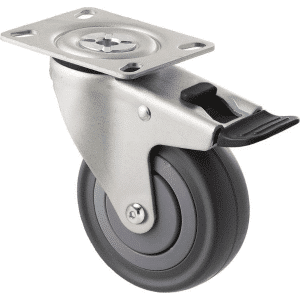 M Series castor, 100mm energy absorbent grey rubber wheel (low-profile tyre), precision bearing, thread guard, swivel plate, total brake, black seal & pedal, Chicago screw axle, load rating 140 kg