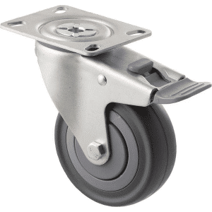M Series castor, 100mm energy absorbent grey rubber wheel (low-profile tyre), precision bearing, thread guard, swivel plate, total brake, grey seal & pedal, load rating 140 kg