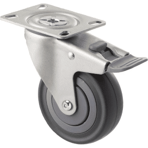 M Series castor, 100mm energy absorbent grey rubber wheel (low-profile tyre), precision bearing, thread guard, swivel plate, total brake, grey seal & pedal, Chicago screw axle, load rating 140 kg