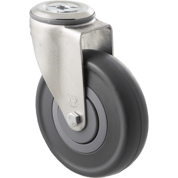 M Series castor, 125mm energy absorbent grey rubber wheel (low-profile tyre), precision bearing, thread guard, swivel bolt hole grey seal & pedal, 150 kg load 1 M Series castor, 125mm energy absorbent grey rubber wheel (low-profile tyre), precision bearing, thread guard, swivel bolt hole grey seal & pedal, 150 kg load