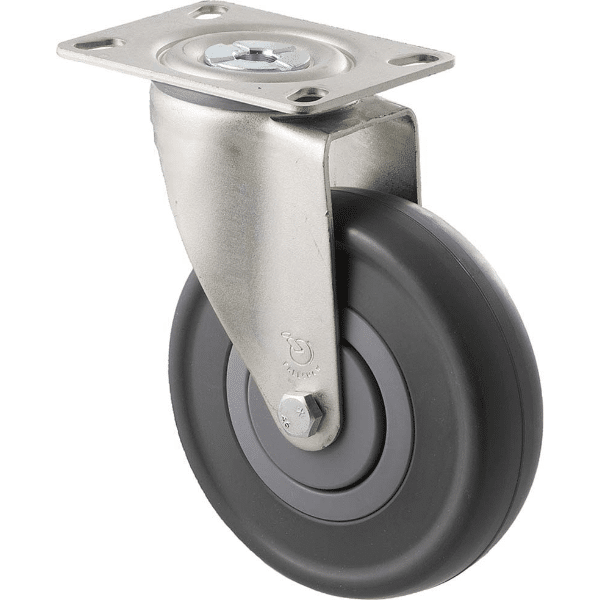 M Series castor, 125mm energy absorbent grey rubber wheel (low-profile tyre), precision bearing, thread guard, swivel plate, grey seal & pedal, 150 kg load 1 M Series castor, 125mm energy absorbent grey rubber wheel (low-profile tyre), precision bearing, thread guard, swivel plate, grey seal & pedal, 150 kg load