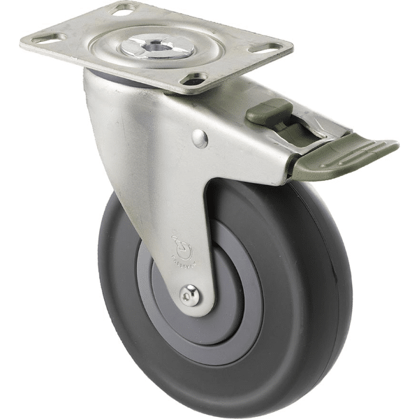 M Series castor, 125mm energy absorbent grey rubber wheel (low-profile tyre), precision bearing, thread guard, swivel North American (NA) plate, direction lock, Chicago screw axle, 150 kg load 1 M Series castor, 125mm energy absorbent grey rubber wheel (low-profile tyre), precision bearing, thread guard, swivel North American (NA) plate, direction lock, Chicago screw axle, 150 kg load
