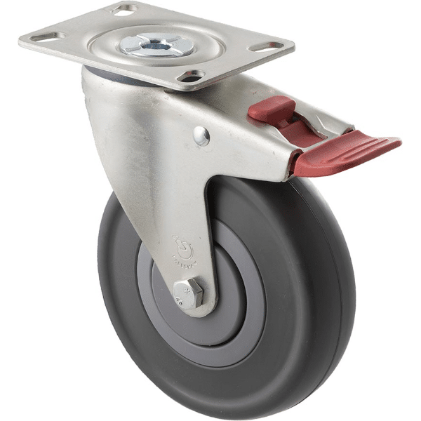 M Series castor, 125mm energy absorbent grey rubber wheel (low-profile tyre), precision bearing, thread guard, swivel plate, total brake, 150 kg load 1 M Series castor, 125mm energy absorbent grey rubber wheel (low-profile tyre), precision bearing, thread guard, swivel plate, total brake, 150 kg load