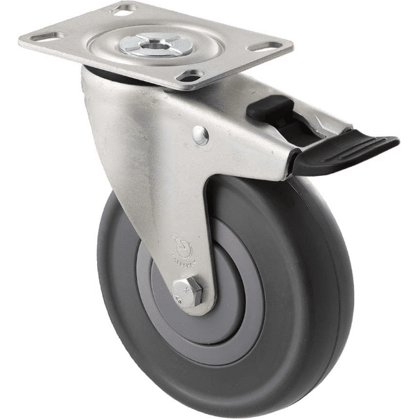 M Series castor, 125mm energy absorbent grey rubber wheel (low-profile tyre), precision bearing, thread guard, swivel plate, total brake, black seal & pedal, 150 kg load 1 M Series castor, 125mm energy absorbent grey rubber wheel (low-profile tyre), precision bearing, thread guard, swivel plate, total brake, black seal & pedal, 150 kg load