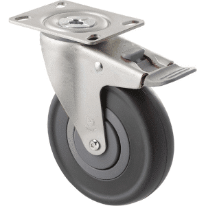 M Series castor, 125mm energy absorbent grey rubber wheel (low-profile tyre), precision bearing, thread guard, swivel plate, total brake, grey seal & pedal, Chicago screw axle, 150 kg load