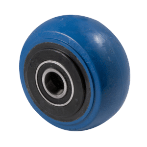 O Series hi-res blue rubber wheel 100mm diameter x 50mm width, precision bearing, 60mm hub, 20mm bore reduced to 1/2" with bush, 300kg load rating