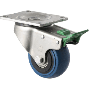 O Series castor, 100mm hi-res blue rubber wheel, precision bearing, swivel North American (NA) plate, direction lock, 300 kg load