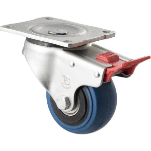 O Series castor, 100mm hi-res blue rubber wheel, precision bearing, swivel North American (NA) plate, total brake, 300 kg load
