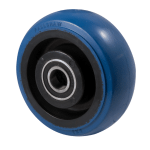 O Series hi-res blue rubber wheel 125mm diameter x 50mm width, precision bearing, 60mm hub, 20mm bore reduced to 1/2" with bush, 350kg load rating