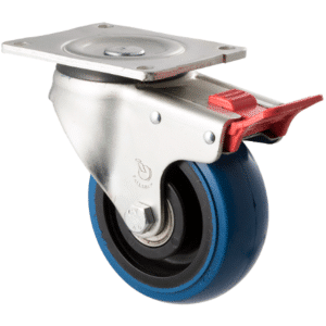 O Series castor, 125mm hi-res blue rubber wheel, precision bearing, swivel plate, total brake, 350 kg load