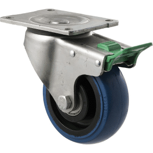 O Series castor, 125mm hi-res blue rubber wheel, precision bearing, swivel plate, direction lock, 350 kg load