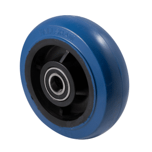 O Series hi-res blue rubber wheel 150mm diameter x 50mm width, precision bearing, 60mm hub, 20mm bore reduced to 1/2" with bush, 400kg load rating