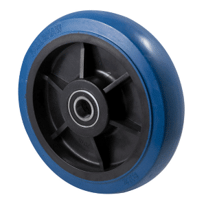 O Series hi-res blue rubber wheel 200mm diameter x 50mm width, precision bearing, 60mm hub, 20mm bore reduced to 1/2" with bush, 400kg load rating