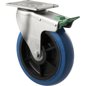 O Series castor, 200mm hi-res blue rubber wheel, precision bearing, swivel plate, direction lock, 400 kg load