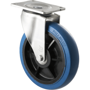 O Series castor, 200mm hi-res blue rubber wheel, precision bearing, swivel North American (NA) plate, 400 kg load